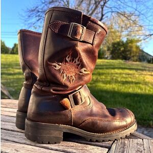 Vtg Harley-Davidson Engineer Boots Brown Distressed Embroidered Flame Moto 7.5/8